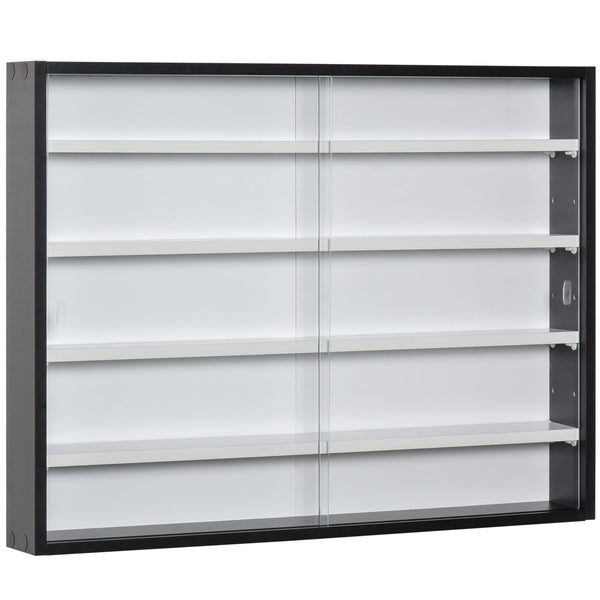 Vitrine de Parede de Madeira com Prateleiras Ajustáveis e 2 Portas Corredeiras de Vidro para Coleções Perfumes Bonecos de Decoração 80x9,5x60cm Preto
