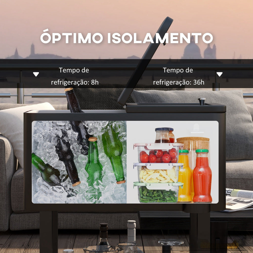 Carrinho Refrigerador de Bebidas de 56L Carrinho Refrigerador com Rodas Abridor de Garrafas e Prateleira para Pátio Festas Terraço Praia 67x35x80 cm Preto