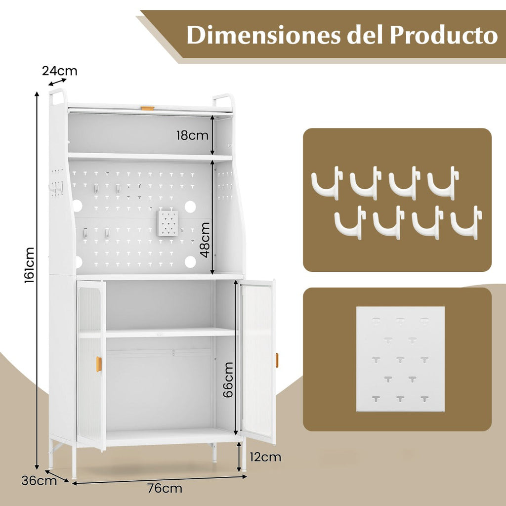 Aparador Beja com Estante Ajustável, Portas de Vidro e Painel Perfurado – 76x36x161 cm – Branco – Carga até 100 kg