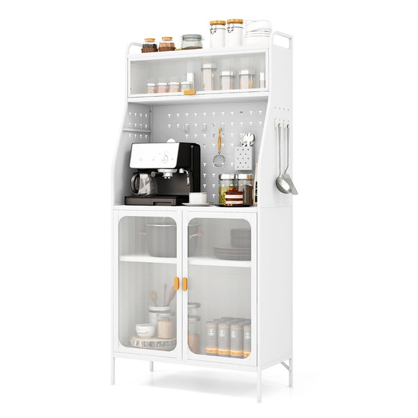Aparador Beja com Estante Ajustável, Portas de Vidro e Painel Perfurado – 76x36x161 cm – Branco – Carga até 100 kg