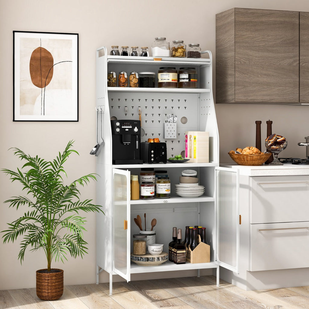 Aparador Beja com Estante Ajustável, Portas de Vidro e Painel Perfurado – 76x36x161 cm – Branco – Carga até 100 kg