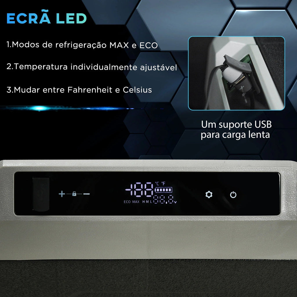 Geleira Elétrica Portátil 40L com Compressor - CC 12V/24V, até - 20°C, LED Tátil e Rodas - 71,1x46x44 cm - Preto - A minha loja