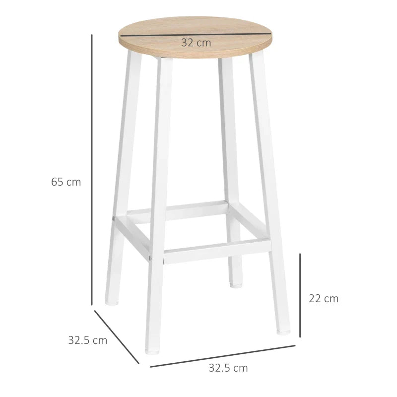 Conjunto de 2 Bancos Altos de Cozinha Bancos de Bar com Pés de Aço e Apoio para os Pés para Sala de Estar Sala de Jantar Carga 75kg 32,5x32,5x65cm Madeira e Branco