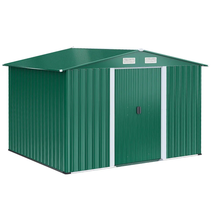 Abrigo de Jardim 258x206x178cm 5,3m² Abrigo de Aço Galvanizado com Portas de Correr e Ventilações para Armazenamento de Ferramentas Jardinagem Verde