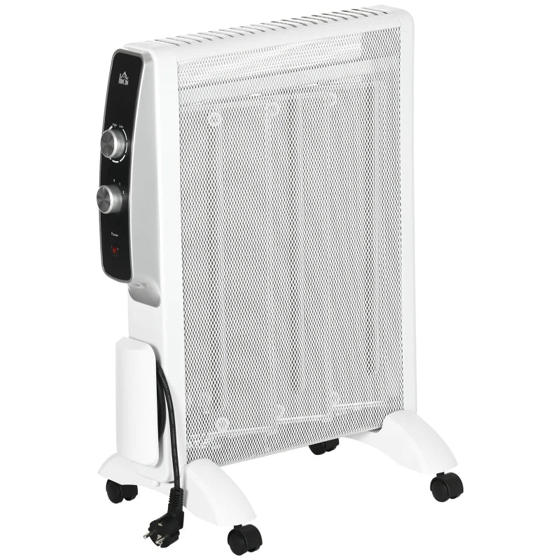 Aquecedor Elétrico 750W/1500W Aquecedor de Mica com Ecrã LED Controlo Remoto Termostato Temporizador e 4 Rodas para Área 15-18 m² 47x26,5x61,5cm Branco