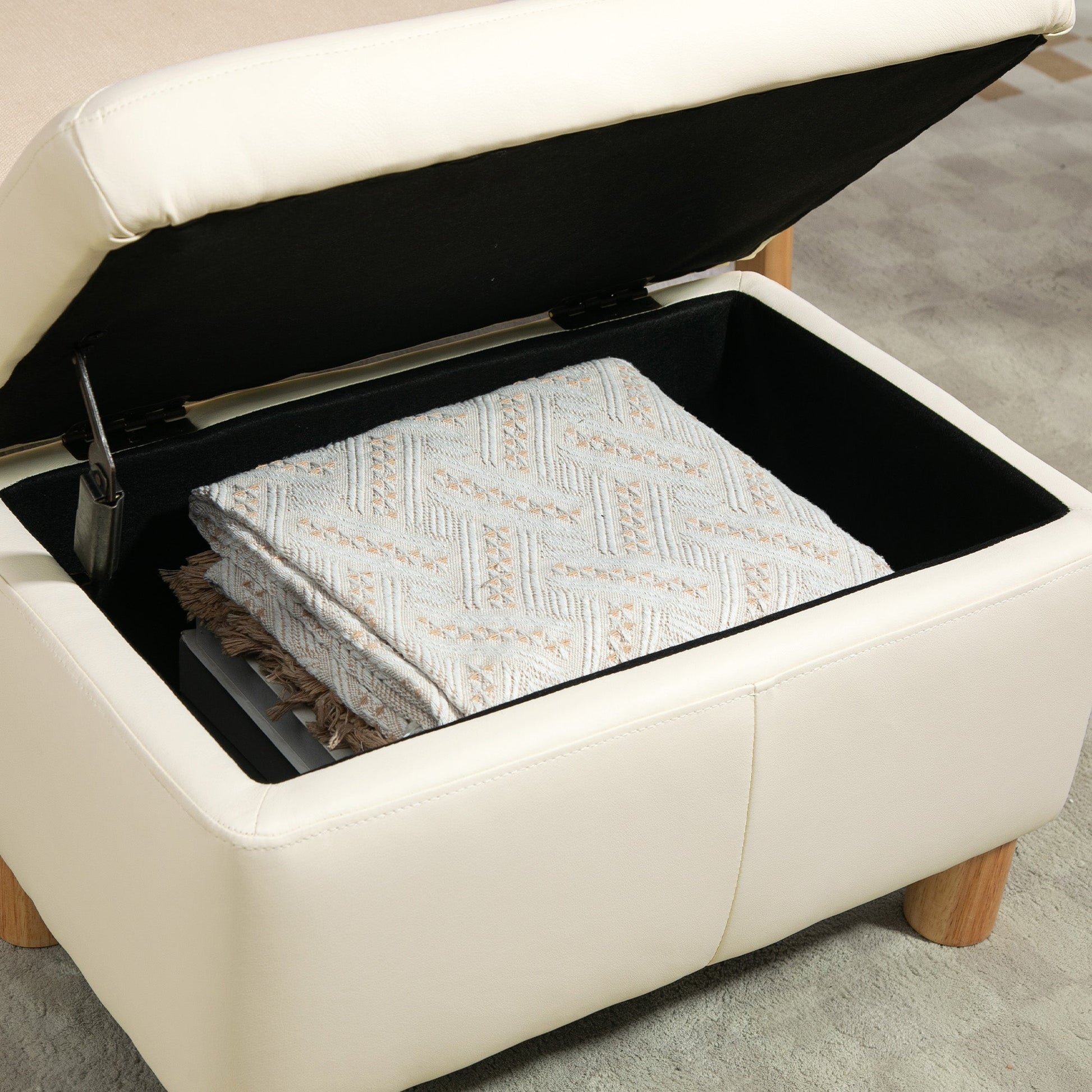 Baú de Armazenamento para Dormitório 33L Puff de Armazenamento Estofado em PU Banco de Arrumação com Pés de Madeira para Corredor Sala de Estar 60x38x40 cm Creme