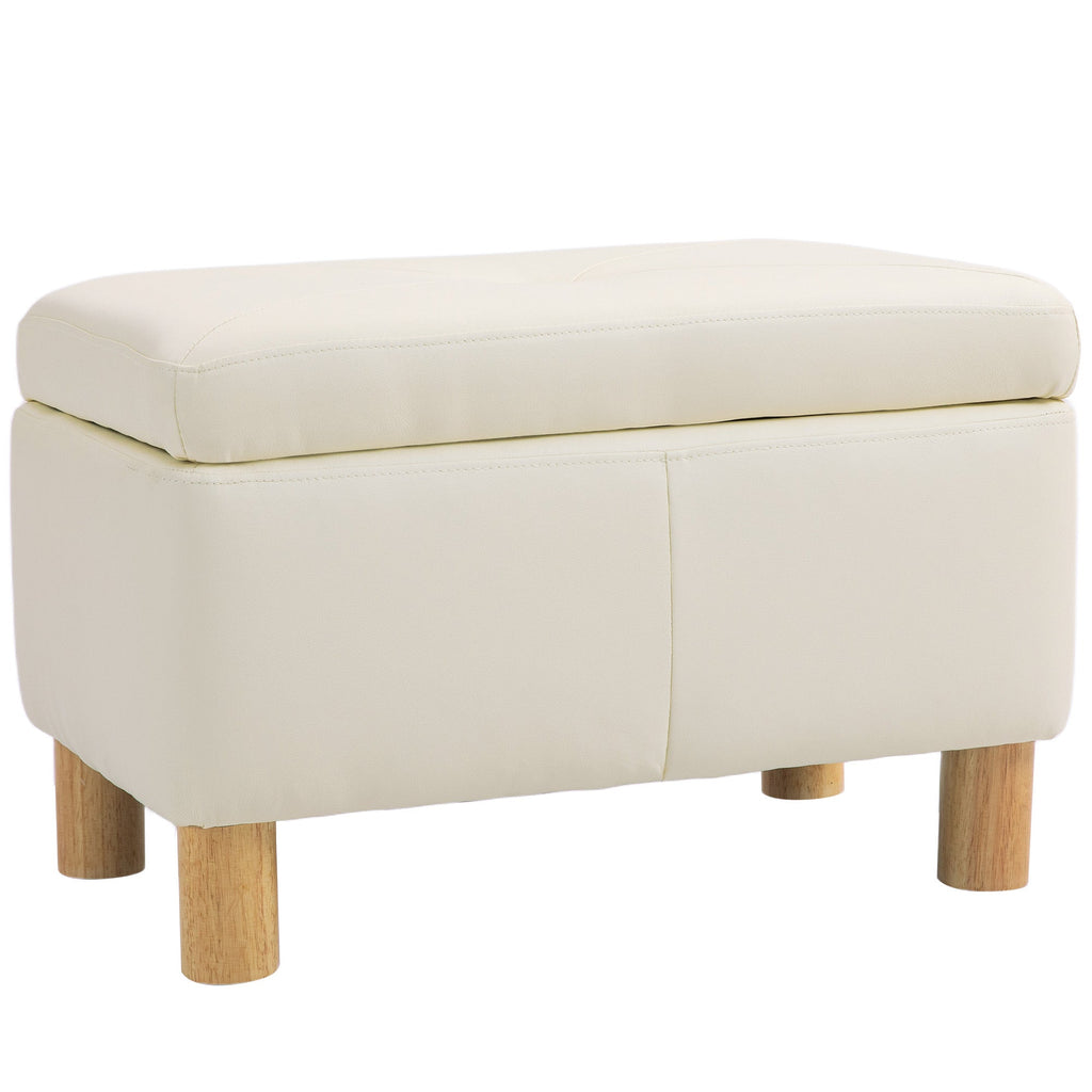 Baú de Armazenamento para Dormitório 33L Puff de Armazenamento Estofado em PU Banco de Arrumação com Pés de Madeira para Corredor Sala de Estar 60x38x40 cm Creme
