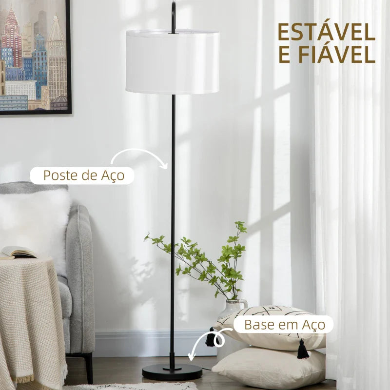 Candeeiro de Pé Moderno Lâmpada E27 Máx. 40W com Ecrã de Linho Estrutura de Aço e Interruptor de Pé Candeeiro de Leitura para Sala de Estar Dormitório 64x38x163,5cm Branco e Preto