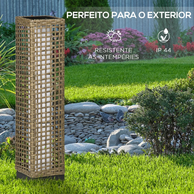 Candeeiro de Jardim de Vime Sintético Candeeiro Solar de Exterior com Luzes LED Ligar/Desligar Automático para Varanda Pátio 15,5x15,5x69cm Marrom Areia