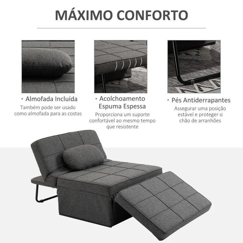 Sofá Cama Individual 3 em 1 Estofado em Linho Sofá Reclinável em 5 Posições com Apoio para os Pés e Apoio para a Cabeça para Sala de Estar Carga Máxima 200kg 95x189x43cm Cinza