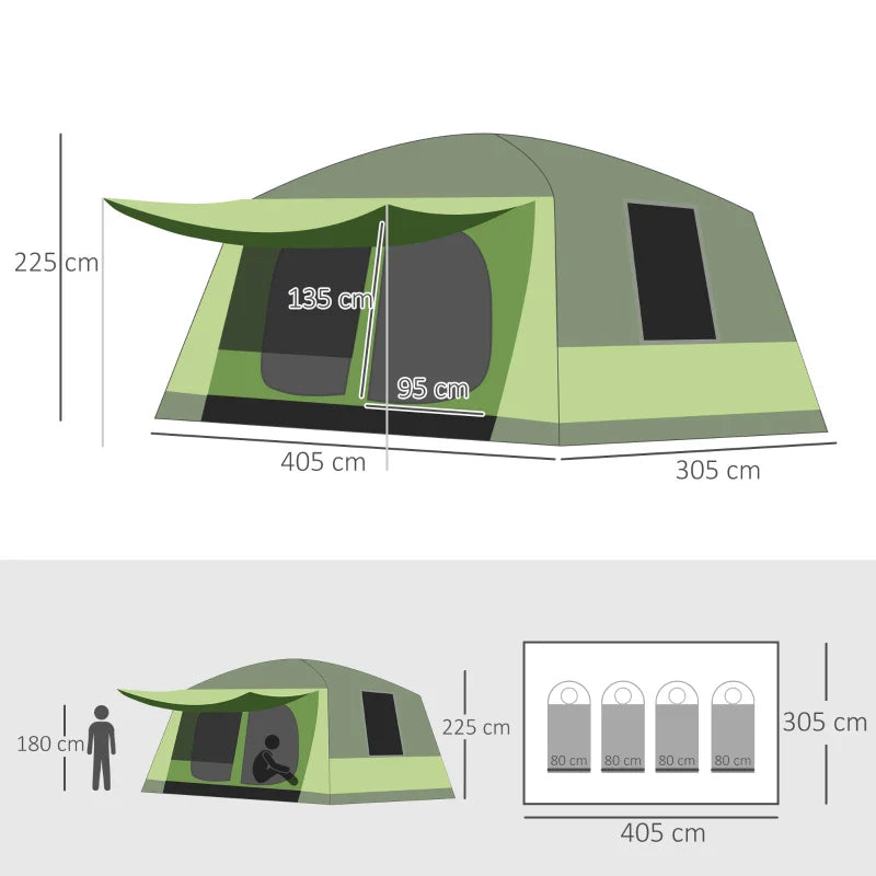 Tenda de Campismo Familiar para 4 Pessoas Tenda de Campismo Portátil Impermeável com Bolsa de Transporte Rede Mosquiteira e Proteção Solar 410x-310x225cm Verde