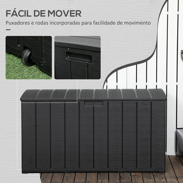 Baú de Armazenamento Exterior 366L Baú para Jardim de Plástico de Parede Dupla com Rodas Alças para Varanda Pátio Carga Máxima 100 kg 122,4x62x64,5 cm Preto