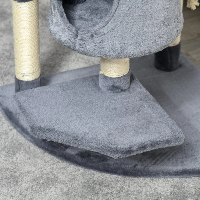 PawHut Árvore Arranhador para Gatos Grande 60x60x200cm com 2 Cavernas 2 Redes Cama Múltiplas Plataformas Postes Arranhadores de Sisal Natural e Bolas de Brinquedo Cinza