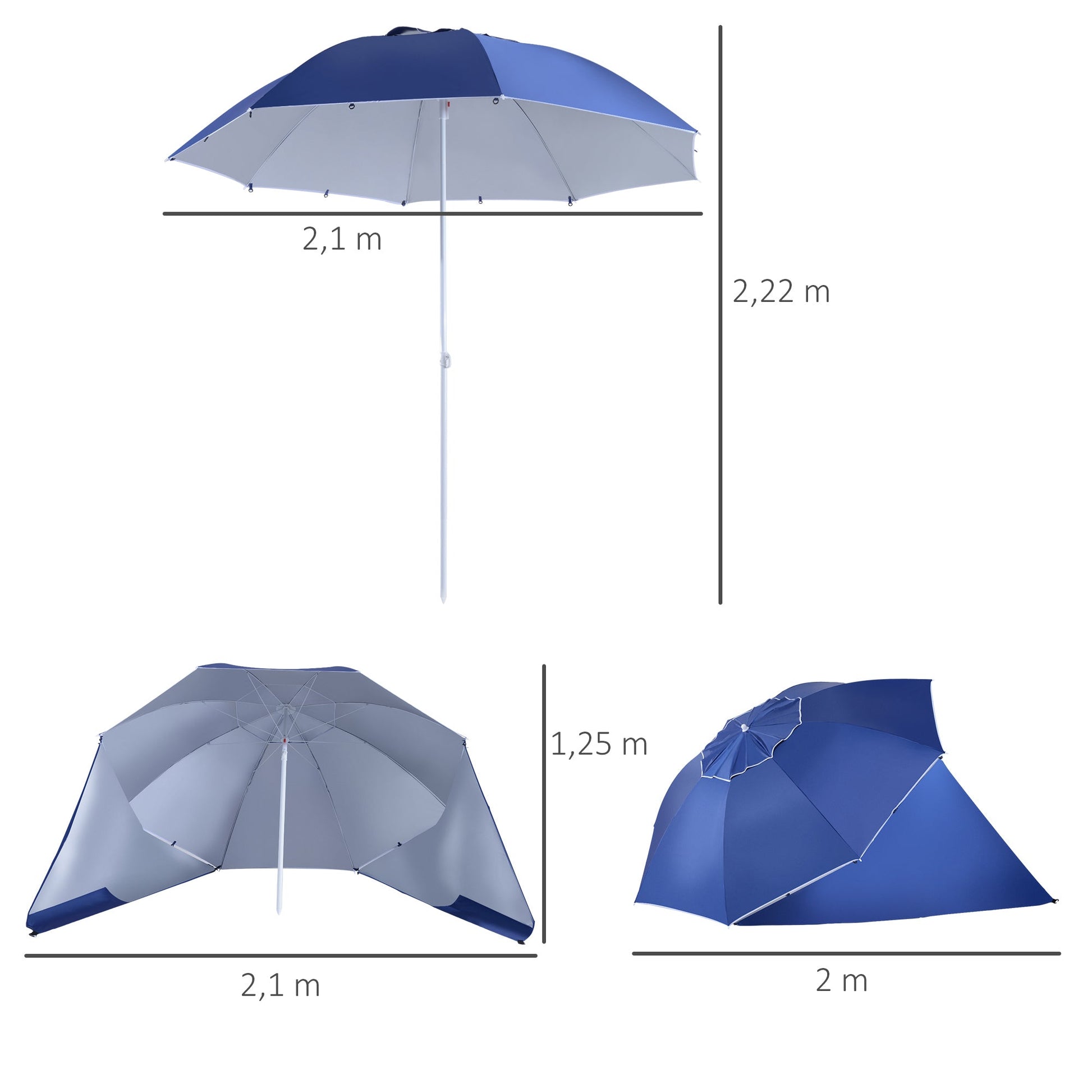 Chapéu de Sol de Praia com Painéis Laterais Tipo Tenda Chapéu de Sol para Praia com Proteção UV Φ210x222cm Azul
