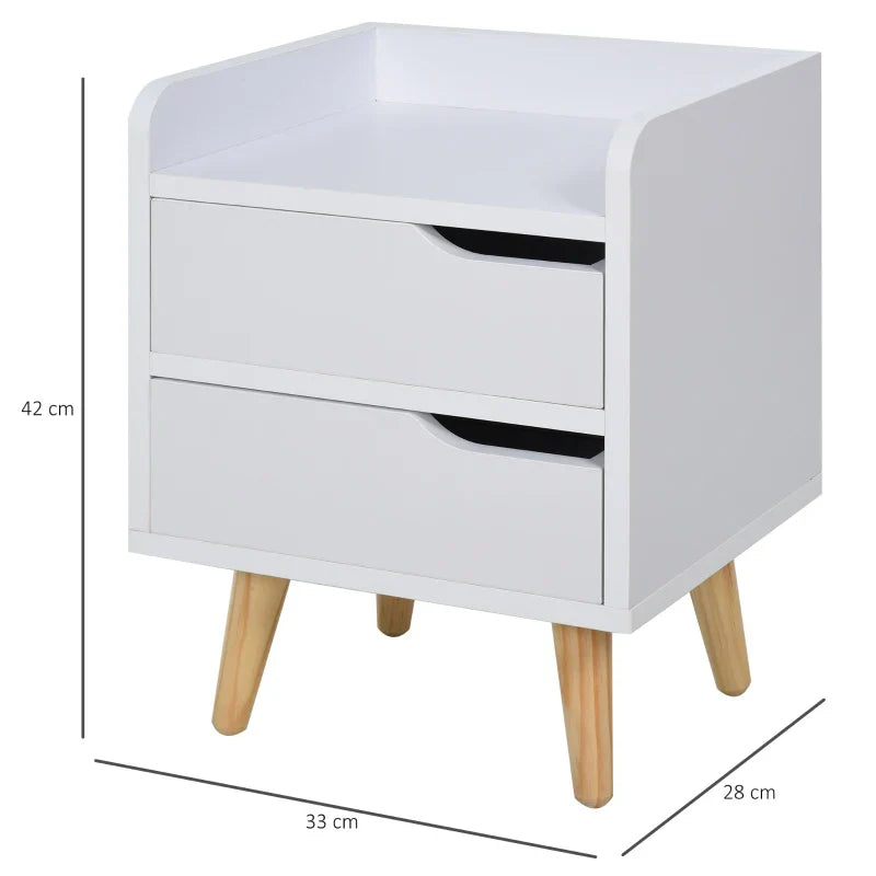 Mesa lateral de cabeceira multiuso para sala de estar ou quarto com 2 gavetas espaçosas Pernas de pinho elevado Design moderno 33x28x42cm Branco