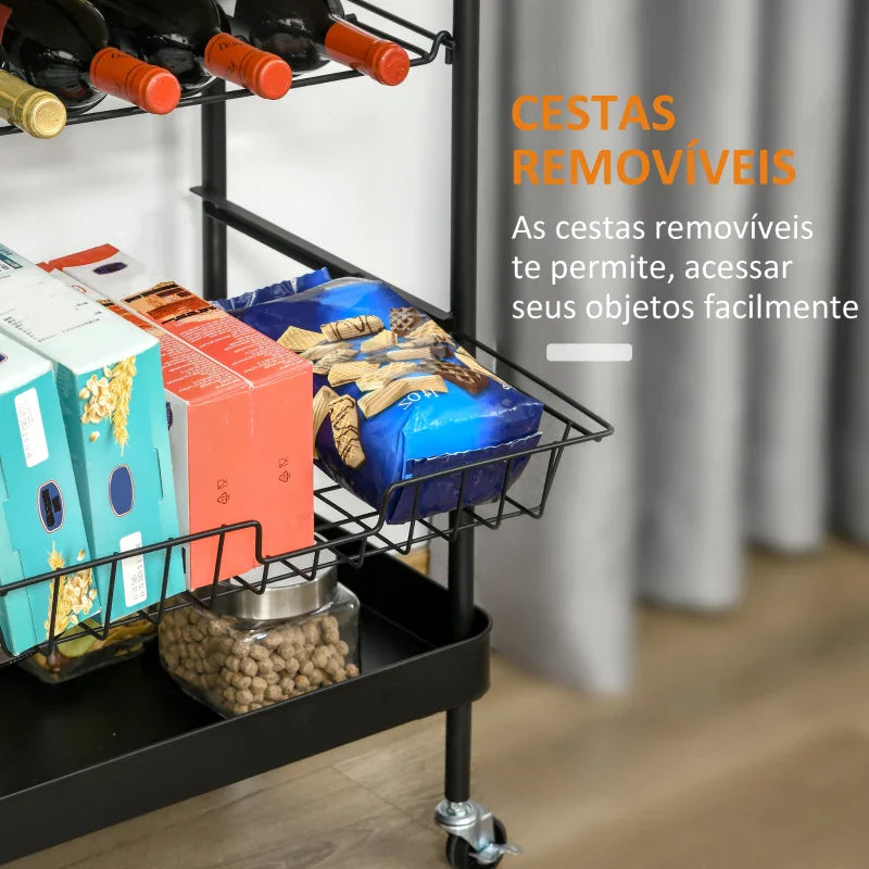 Carrinho de Cozinha com Rodas Carrinho de Cozinha Multiuso com Suporte para Garrafas Cesta Removível e 4 Ganchos para Sala de Jantar Sala de Estar 60,5x35,5x75cm Preto e Carvalho