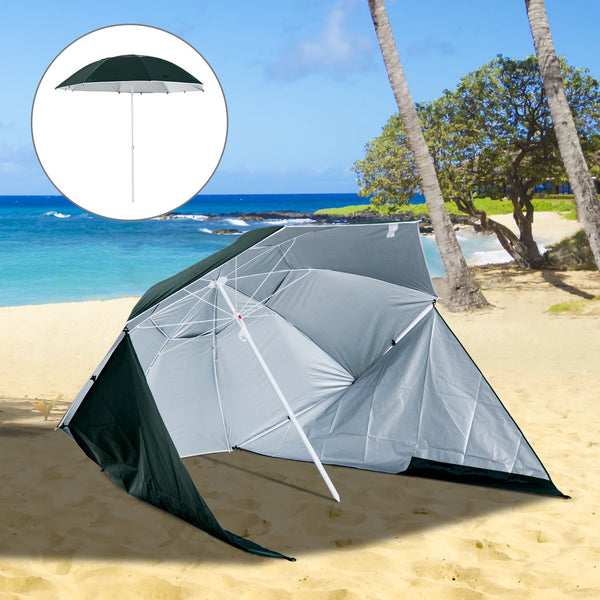 Chapéu de Sol de Praia com Painéis Laterais Tipo Tenda Chapéu de Sol para Praia com Proteção UV Φ210x222cm Verde Escuro