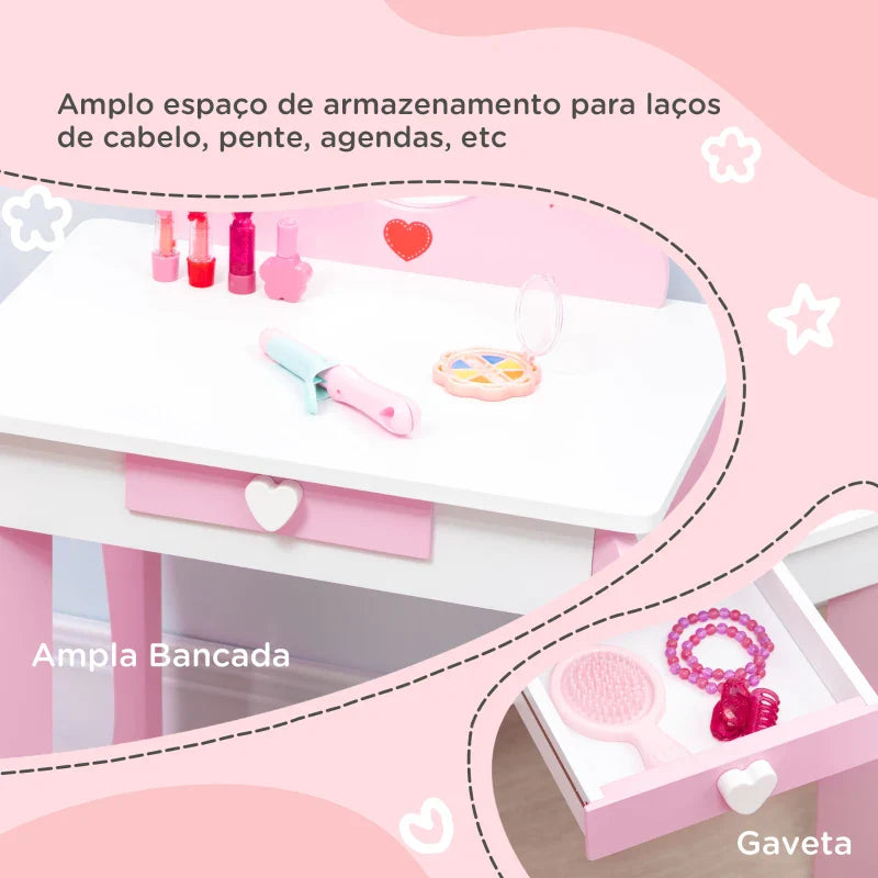 Toucador Infantil com Banco e Espelho Toucador Infantil de Madeira com Gaveta Mesa de Maquilhagem para Crianças entre 3-6 Anos 50x36,5x89,5cm Rosa
