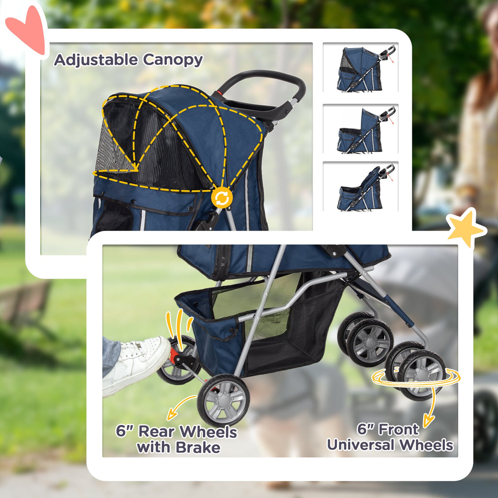 PawHut Carrinho de Passeio para Animais de Estimação Carrinho para Cães e Gatos Dobrável com Capô Ajustável Cesta de Armazenamento Suporte para Copos e Travão 75x45x97 cm Azul Escuro