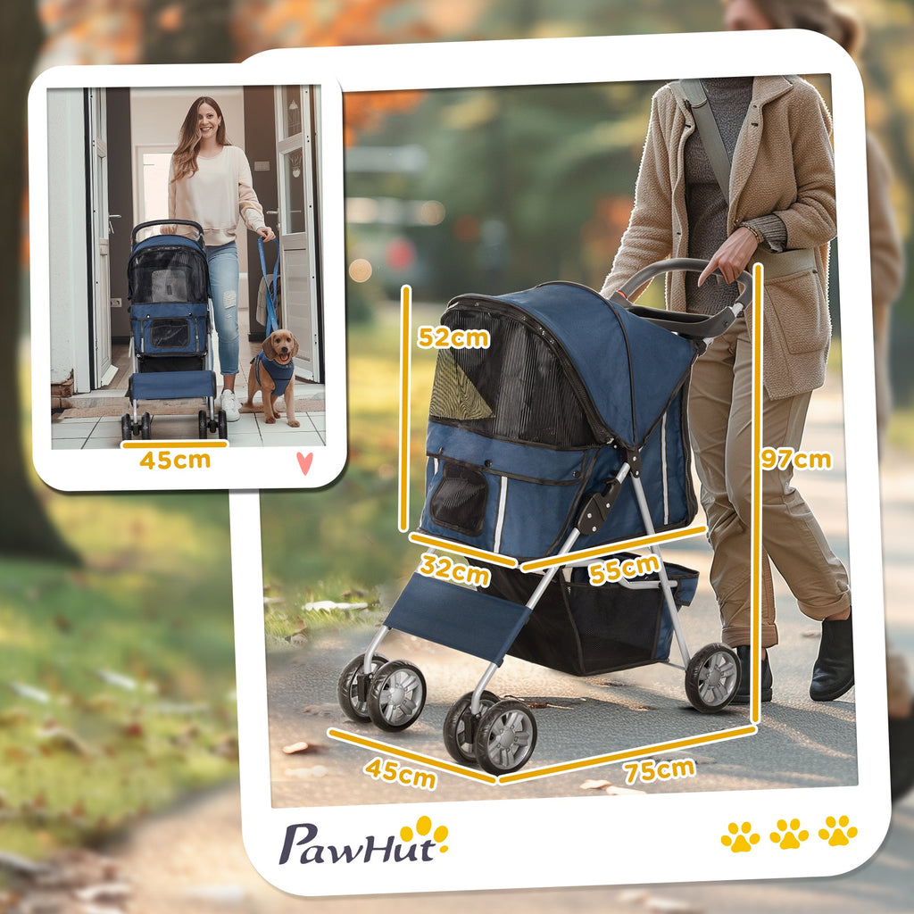PawHut Carrinho de Passeio para Animais de Estimação Carrinho para Cães e Gatos Dobrável com Capô Ajustável Cesta de Armazenamento Suporte para Copos e Travão 75x45x97 cm Azul Escuro