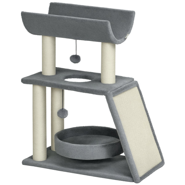 PawHut Arrador para Gatos Arranhador para Gatos Altura 76 cm com 4 Postes de Arranhar Cama Plataforma em U Almofada para Arranhar Bolas Suspensas Cinzento