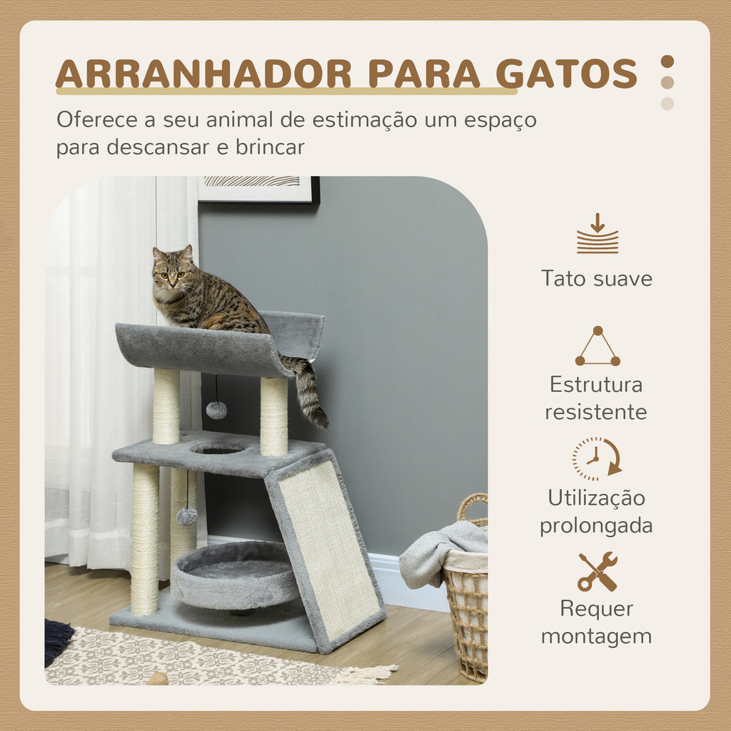 PawHut Arrador para Gatos Arranhador para Gatos Altura 76 cm com 4 Postes de Arranhar Cama Plataforma em U Almofada para Arranhar Bolas Suspensas Cinzento