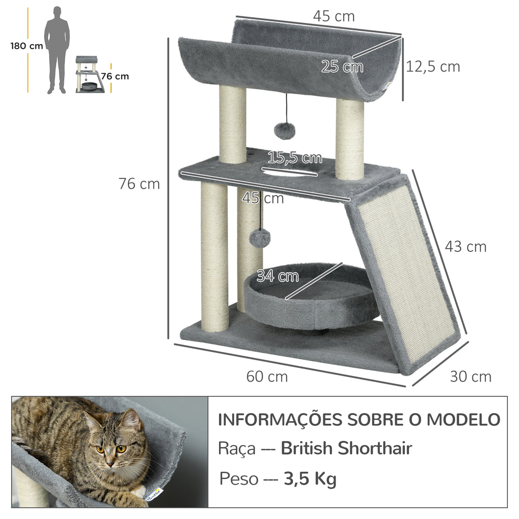 PawHut Arrador para Gatos Arranhador para Gatos Altura 76 cm com 4 Postes de Arranhar Cama Plataforma em U Almofada para Arranhar Bolas Suspensas Cinzento