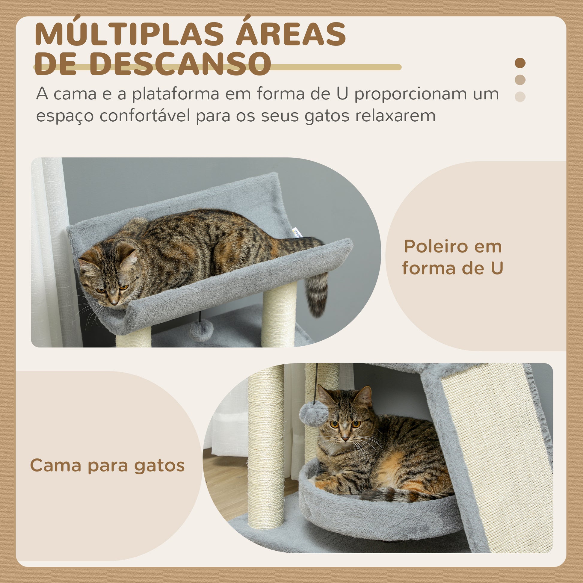 PawHut Arrador para Gatos Arranhador para Gatos Altura 76 cm com 4 Postes de Arranhar Cama Plataforma em U Almofada para Arranhar Bolas Suspensas Cinzento