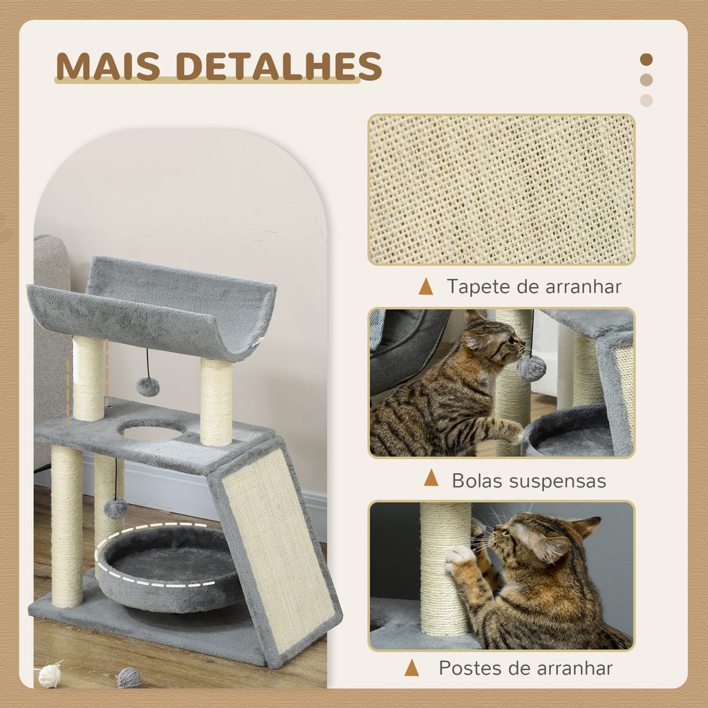 PawHut Arrador para Gatos Arranhador para Gatos Altura 76 cm com 4 Postes de Arranhar Cama Plataforma em U Almofada para Arranhar Bolas Suspensas Cinzento