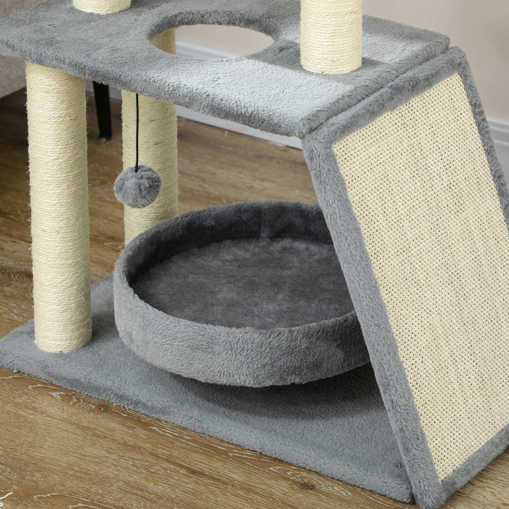 PawHut Arrador para Gatos Arranhador para Gatos Altura 76 cm com 4 Postes de Arranhar Cama Plataforma em U Almofada para Arranhar Bolas Suspensas Cinzento