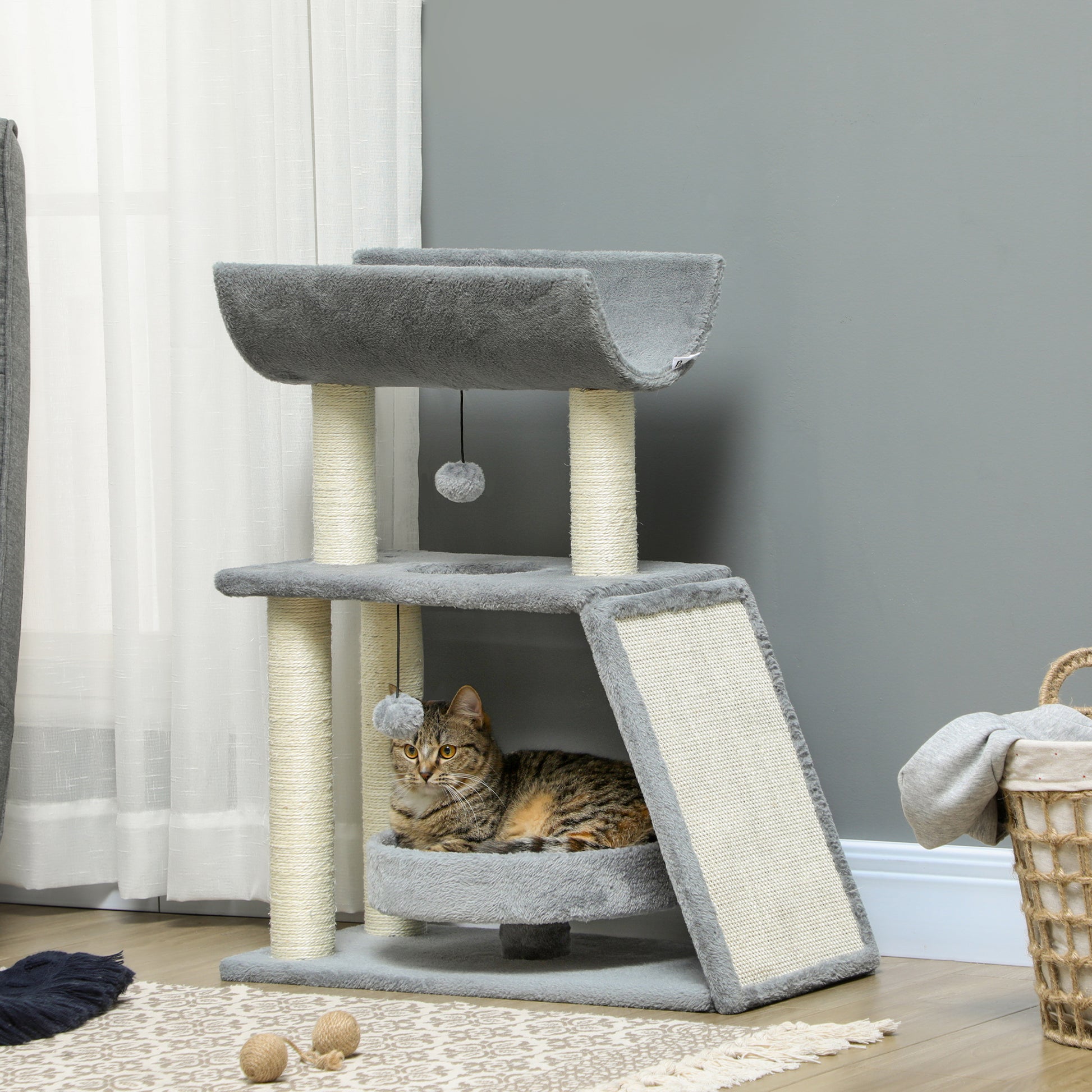 PawHut Arrador para Gatos Arranhador para Gatos Altura 76 cm com 4 Postes de Arranhar Cama Plataforma em U Almofada para Arranhar Bolas Suspensas Cinzento
