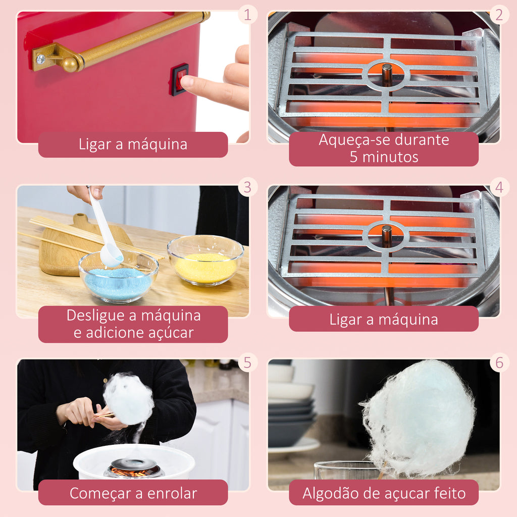 Máquina de Algodão Doce Estilo Retrô Potência 450W-550W Máquina de Algodão Doce com Colher Medidora e 10 Palitos de Bambu Aço Inoxidável e Alumínio 30x30x28cm Vermelha