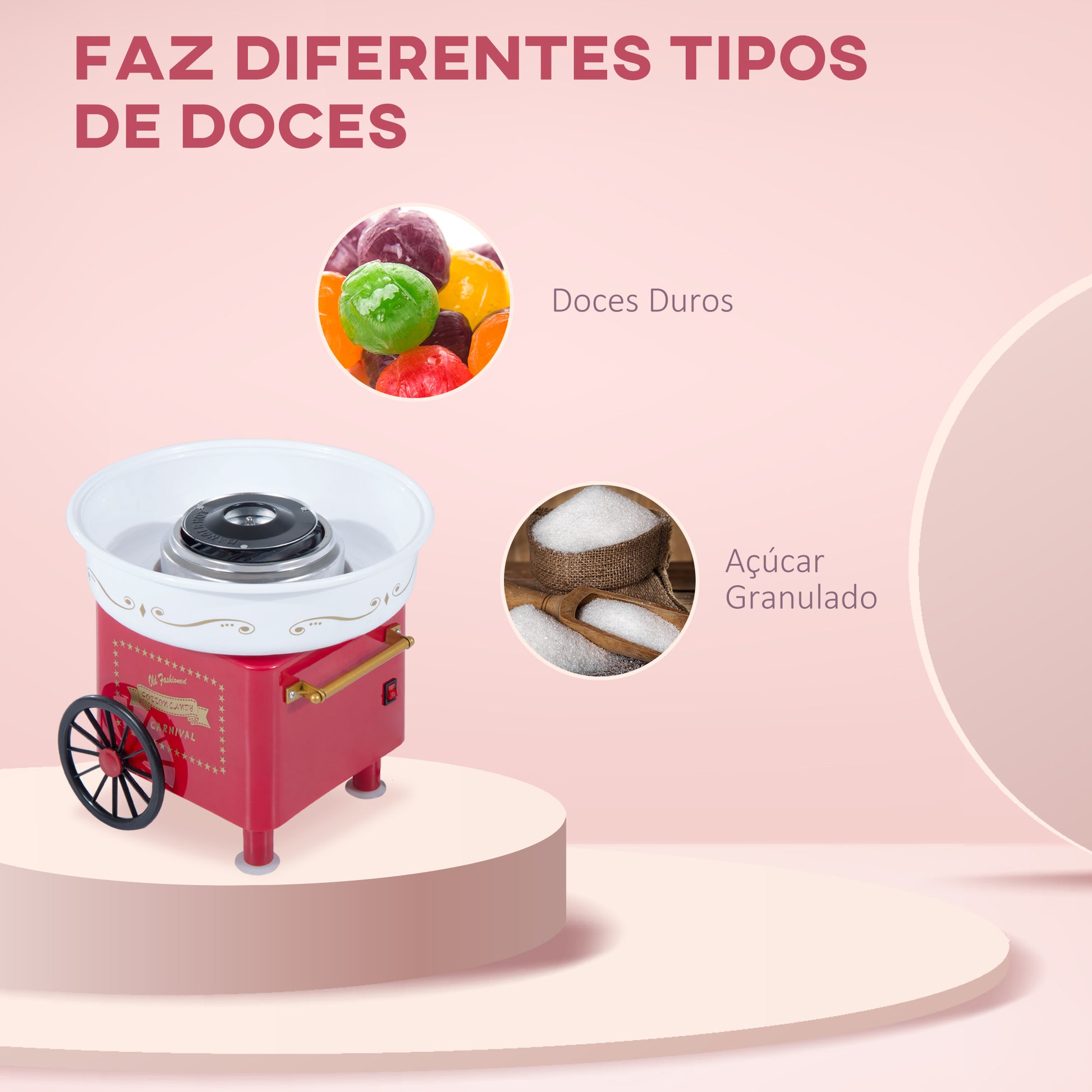 Máquina de Algodão Doce Estilo Retrô Potência 450W-550W Máquina de Algodão Doce com Colher Medidora e 10 Palitos de Bambu Aço Inoxidável e Alumínio 30x30x28cm Vermelha