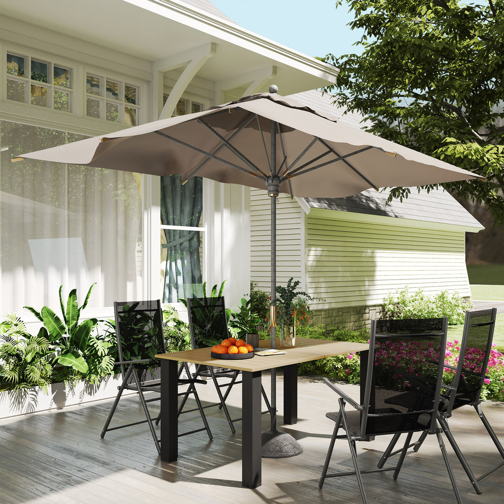 Mesa de Jardim Retangular Mesa de Exterior 150x90x73 cm com Pés de Aço Orifício para Chapéu de Sol e Desenho em Ripas Capacidade de Carga de 70 kg para Pátio Marrom Claro