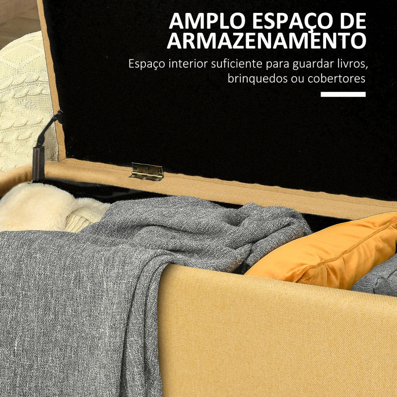 Banco de Armazenamento Estofado em Linho com Tampa Abatível e Pés de Aço para Dormitório Sala de Estar Entrada Carga Máxima 150kg 101x38,5x44,5 cm Amarelo