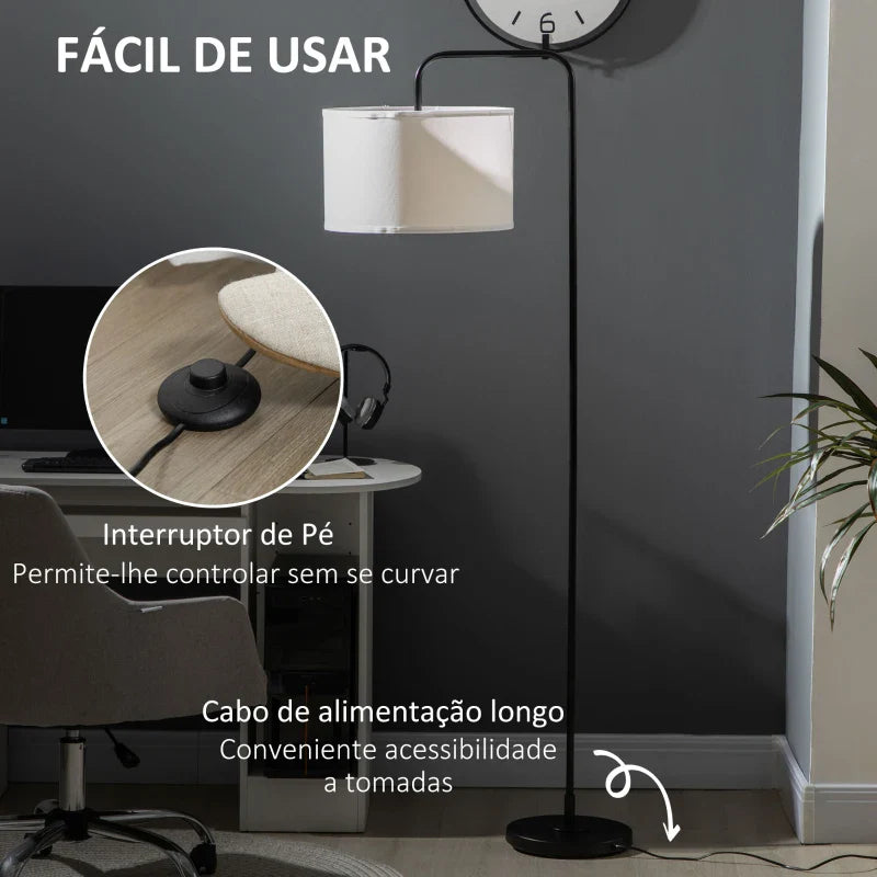 Candeeiro de Pé Moderno Lâmpada E27 Máx. 40W com Ecrã de Linho Estrutura de Aço e Interruptor de Pé Candeeiro de Leitura para Sala de Estar Dormitório 64x38x163,5cm Branco e Preto