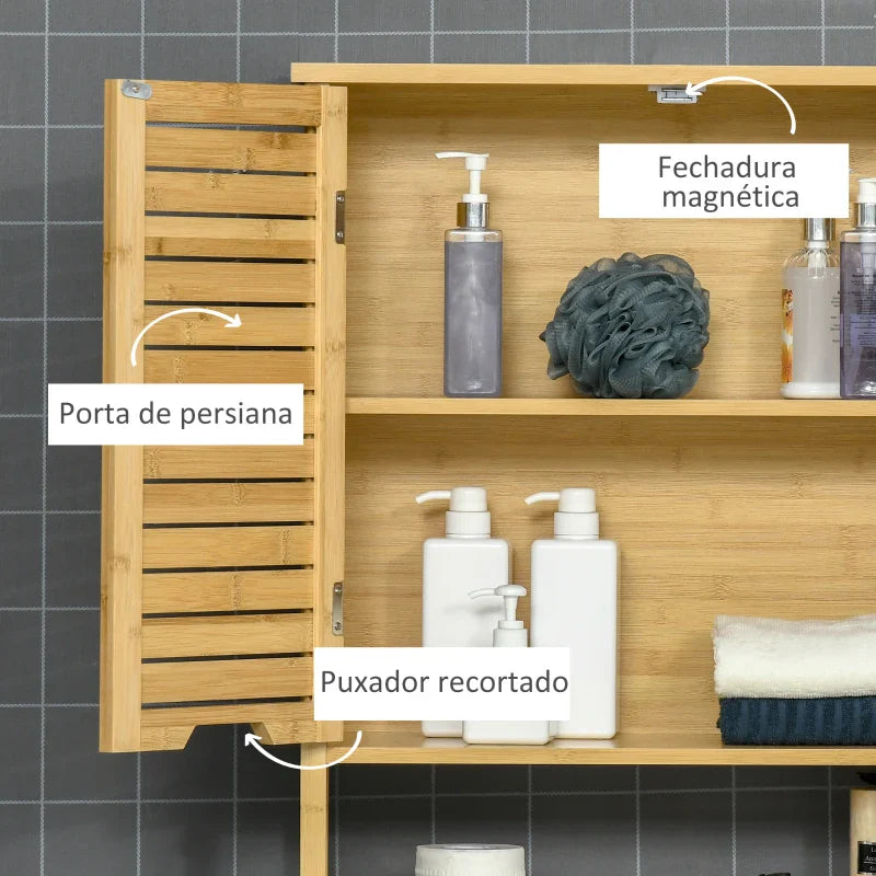 kleanklin Móvel de Bambú sobre Sanita Armário Alto para Casa de Banho com 2 Portas 1 Prateleira Interior e 1 Prateleira de Armazenamento 60x23x173cm Natural