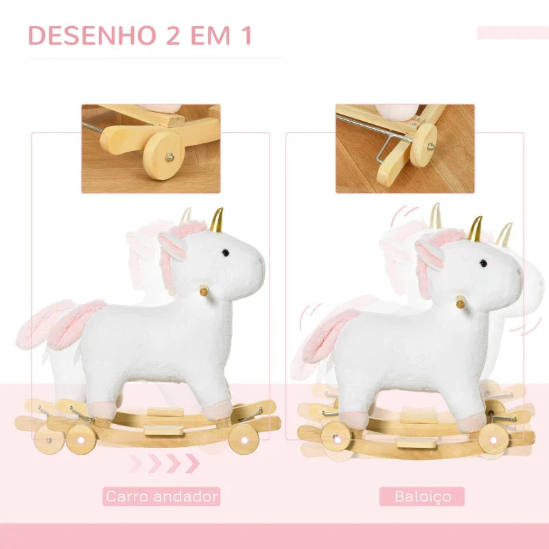 Baloiço Infantil em Forma de Unicornio para Crianças acima de 3 Anos Baloiço 2 em 1 com Rodas e Sons 45kg 63x38x63cm Branco