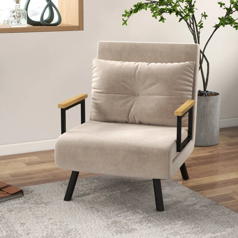 Poltrona Convertível em Cama Dobrável Poltrona 3 em 1 Convertível em Cama com Encosto Ajustável em 5 Níveis e Almofada Acolchoada para Escritório Sala de Estar Carga 120 kg 63x73x81 cm Bege