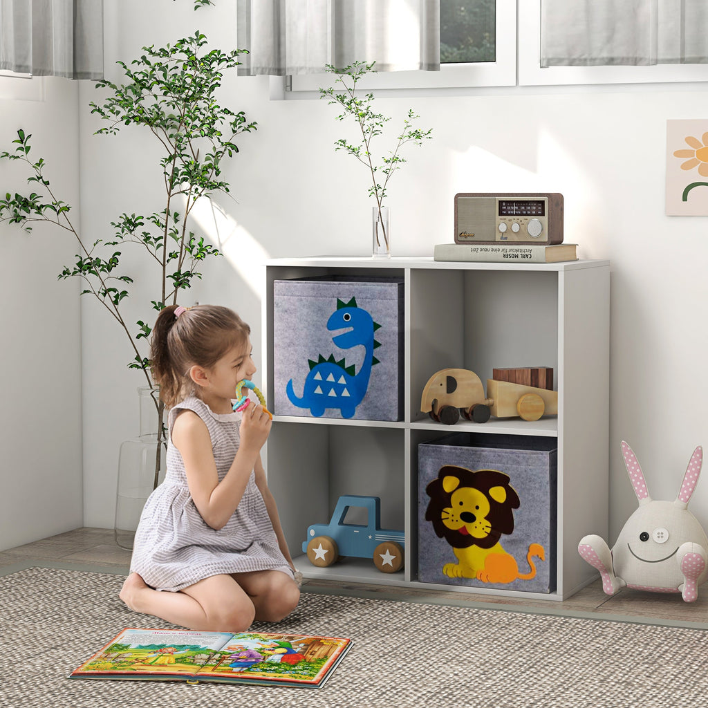 Estante para Brinquedos Estante para Crianças acima de 3 Anos com 4 Compartimentos de Armazenamento e 2 Caixas de Tecido não Tecido com Desenho de Animais 61,8x29,9x61,8 cm Branco e Cinza