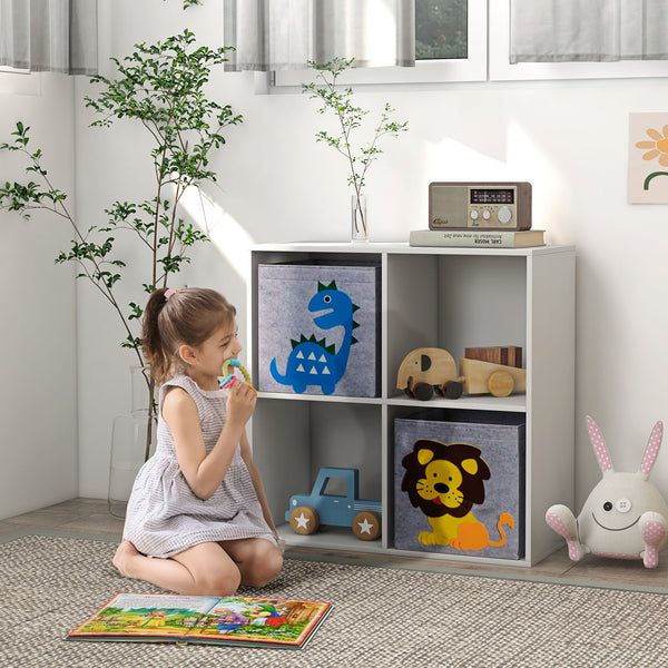 Estante para Brinquedos Estante para Crianças acima de 3 Anos com 4 Compartimentos de Armazenamento e 2 Caixas de Tecido não Tecido com Desenho de Animais 61,8x29,9x61,8 cm Branco e Cinza