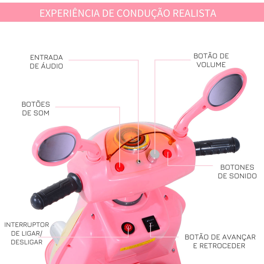 ® Carro de triciclo Moto elétrica infantil com Bateria para crianças com mais de 3 anos 108x51x75cm Rosa