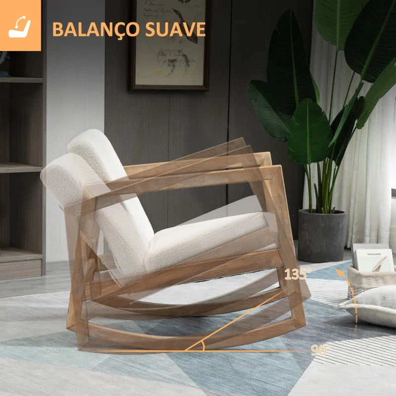 Poltrona Baloiço Estofada em Tecido Borreguito Poltrona Baloiço com Assento Acolchoado Apoio para os Braços e Pés de Madeira de Borracha para Sala de Estar Dormitório 60x81x71cm Creme