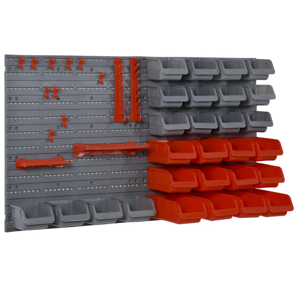 Prateleira de Parede Organizador de Ferramentas Prateleiras de Armazenamento com 28 Caixas Empilháveis e Diferentes Ganchos 95x22x54 cm Cinza e Vermelho