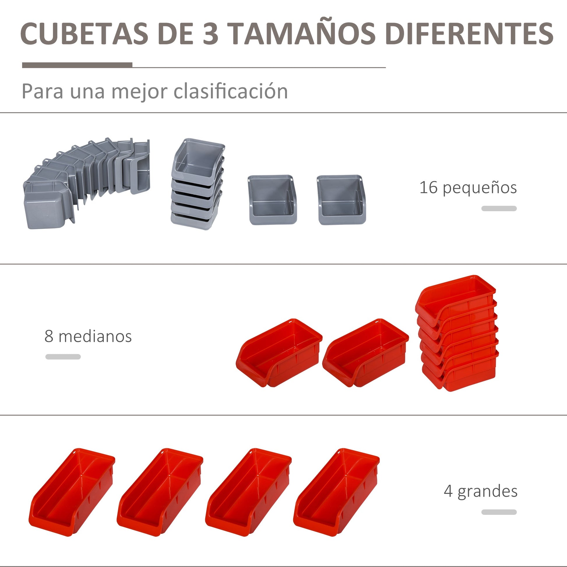 Prateleira de Parede Organizador de Ferramentas Prateleiras de Armazenamento com 28 Caixas Empilháveis e Diferentes Ganchos 95x22x54 cm Cinza e Vermelho