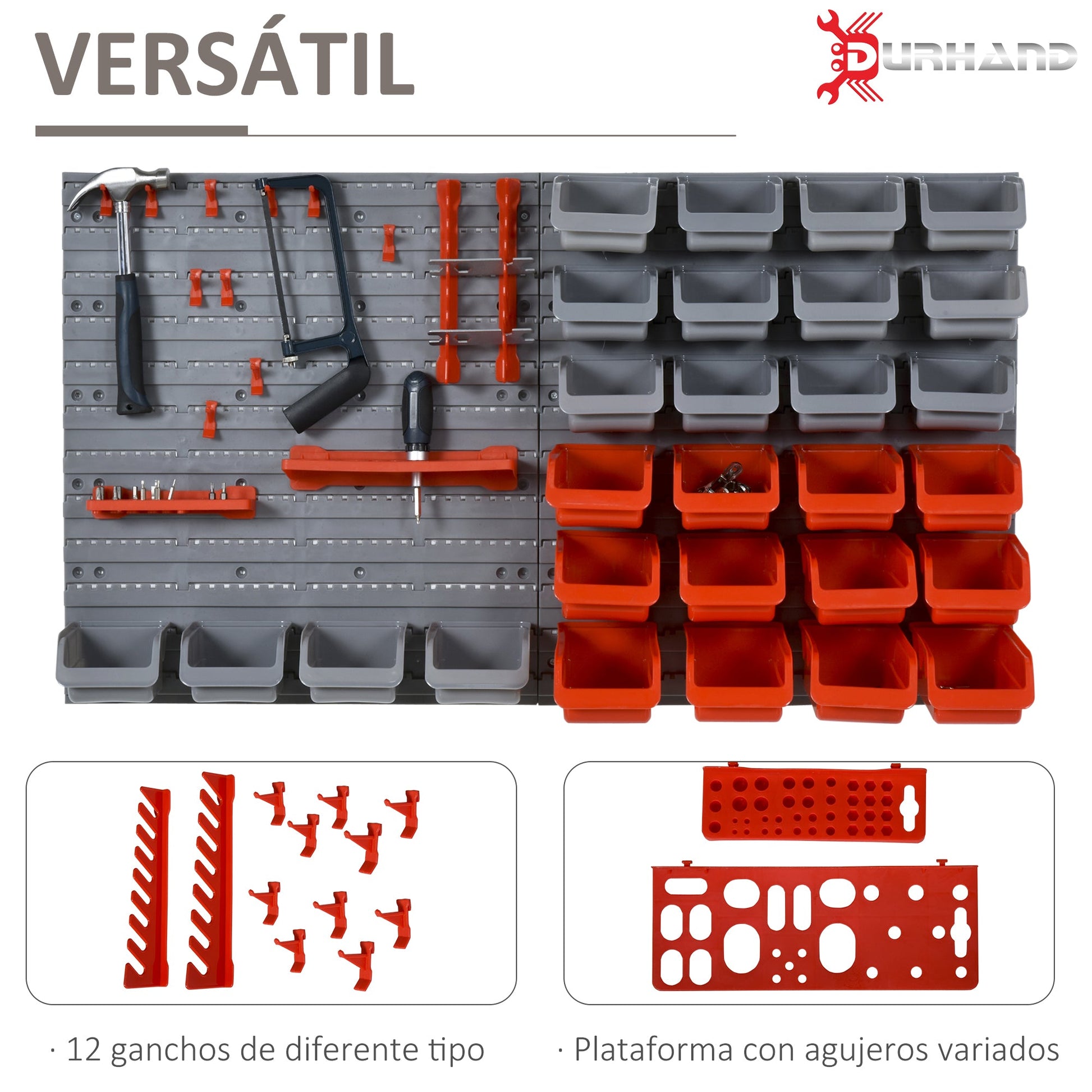Prateleira de Parede Organizador de Ferramentas Prateleiras de Armazenamento com 28 Caixas Empilháveis e Diferentes Ganchos 95x22x54 cm Cinza e Vermelho
