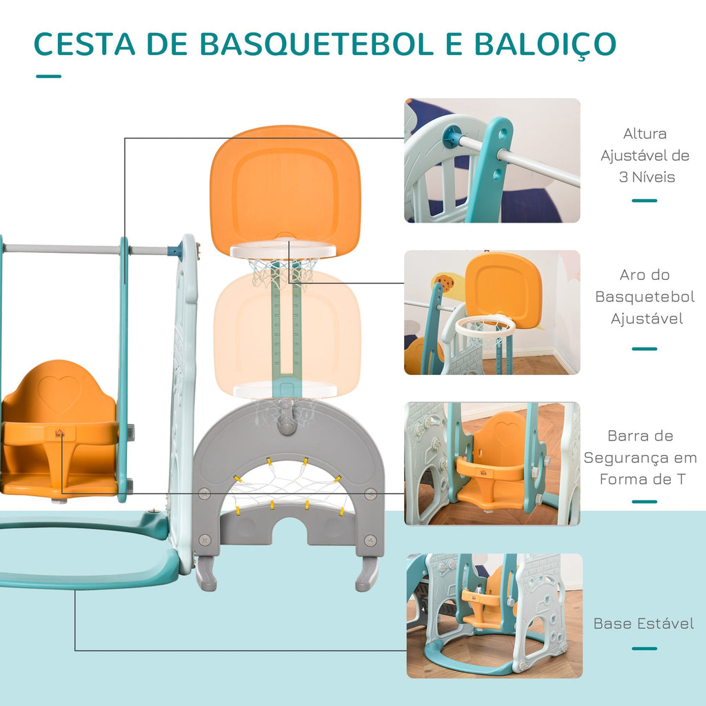 HOMCOM 5 em 1 Escorrega e Baloiço para Crianças acima de 18 meses com 2 Cestas de Basquetebol Porteria de Futbol com Assento Ajustável Parque Infantil Interior e Exterior 210x186x133cm Multicor - A minha loja