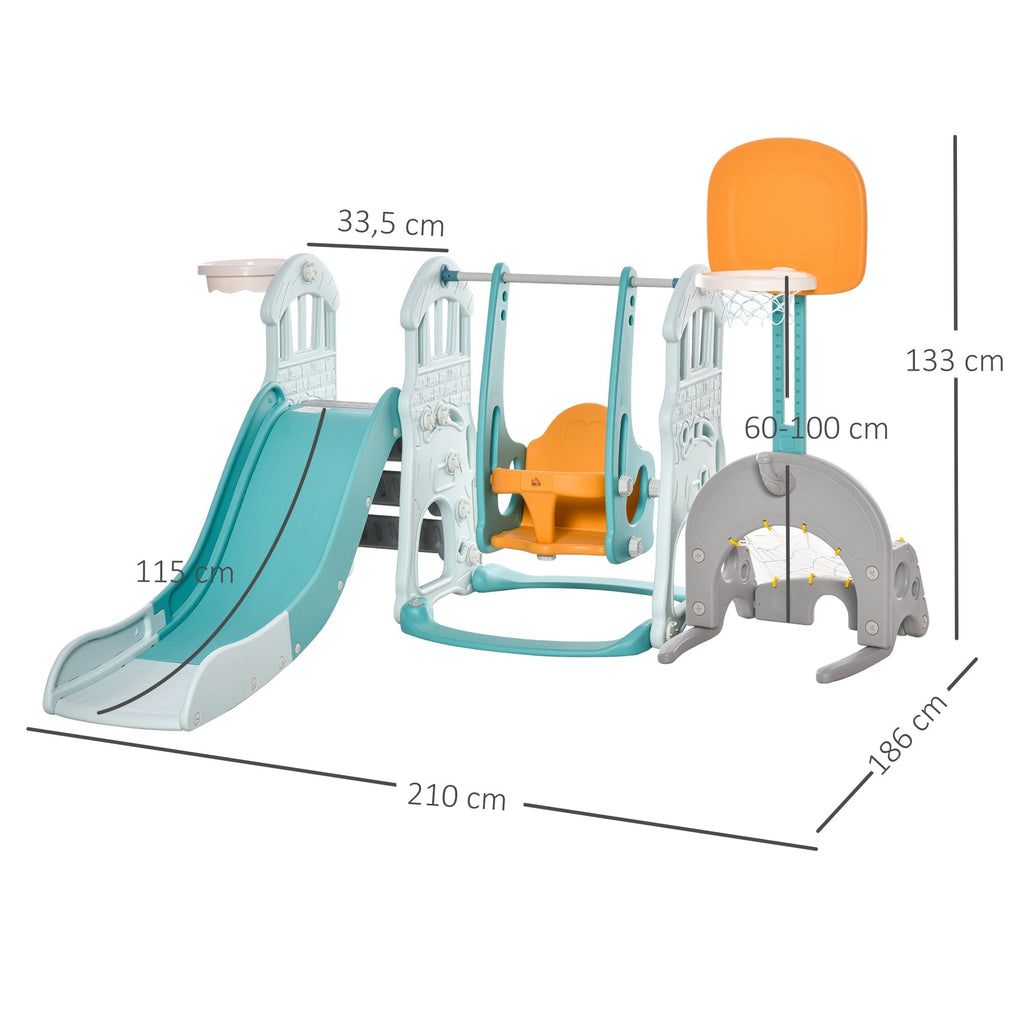 HOMCOM 5 em 1 Escorrega e Baloiço para Crianças acima de 18 meses com 2 Cestas de Basquetebol Porteria de Futbol com Assento Ajustável Parque Infantil Interior e Exterior 210x186x133cm Multicor - A minha loja