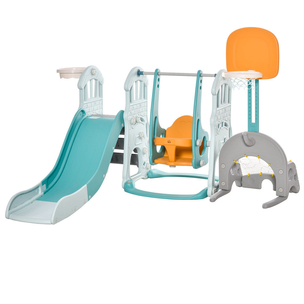 HOMCOM 5 em 1 Escorrega e Baloiço para Crianças acima de 18 meses com 2 Cestas de Basquetebol Porteria de Futbol com Assento Ajustável Parque Infantil Interior e Exterior 210x186x133cm Multicor - A minha loja