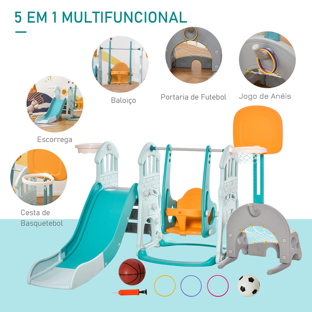 HOMCOM 5 em 1 Escorrega e Baloiço para Crianças acima de 18 meses com 2 Cestas de Basquetebol Porteria de Futbol com Assento Ajustável Parque Infantil Interior e Exterior 210x186x133cm Multicor - A minha loja